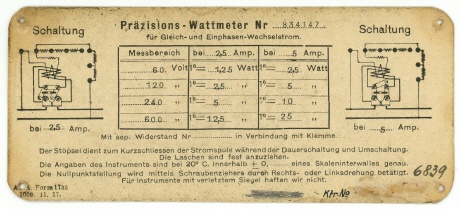 [00128] Przisions-Wattmeter fr Gleich- und Einphasen-Wechselstrom; AEG; 1917