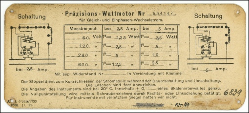 [00128] Pr�zisions-Wattmeter f�r Gleich- und Einphasen-Wechselstrom; AEG; 1917